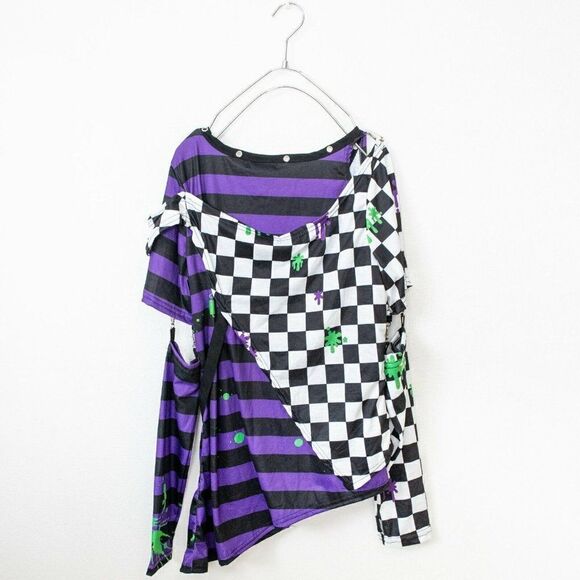 Gloomy Bear Goth Emo Punk Purple & Checkered Punk Raver Shredded Top Small - Picture 2 of 2